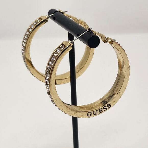 Guess Gold Tone Clear Crystal Pave Large Hoop Earrings Logo Chunky Statement - Picture 2 of 6
